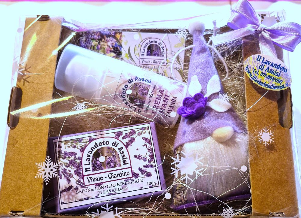 Scatola regalo Natalizia, confezione regalo con saponetta alla lavanda, crema mani naturale, idee regalo Natal 2024, gnomo natalizio. Idea regalo originale di Natale, idee regalo di Natale con gnomo. Idee regalo di Natale cosmetici naturali lavanda, cesti natalizi, cesti di Natale vendita online, confezioni regalo natalizie 2024, confezioni regalo natalizie