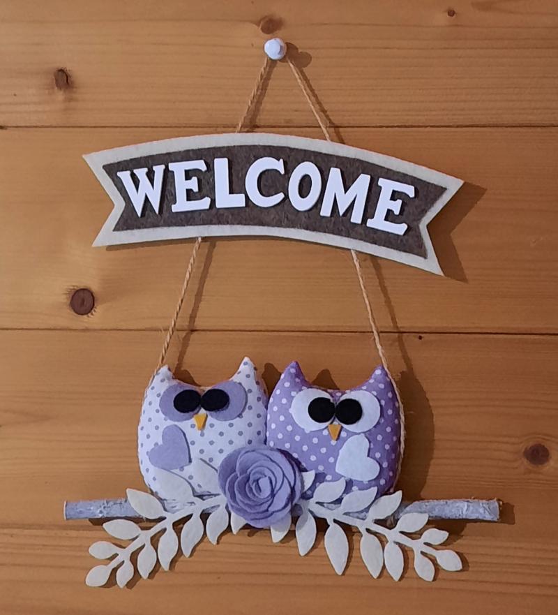 Gufetti fuoriporta welcome, decorazione per porta ingresso, gufi con lavanda
