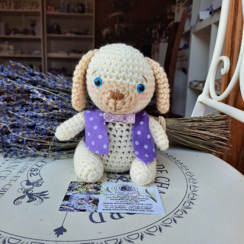 cane uncinetto, animali uncinetto, bomboniere lavanda, idee regalo uncinetto