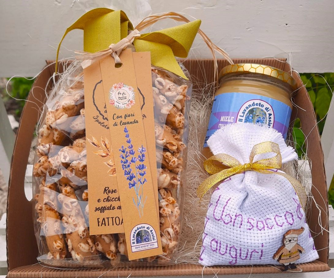 Confezione regalo di Natale con miele , biscotti e sacchetto con lavanda e scritta auguri, confezione regalo natale da mangiare, scatola regalo biscotti, regalare biscotti per Natale