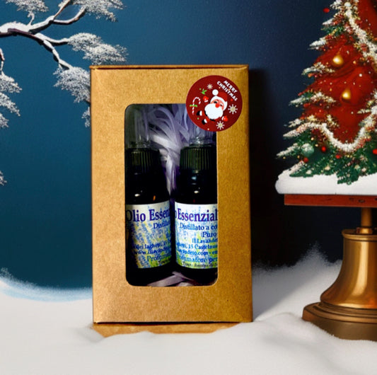 Gift box con 2 flaconi di olio essenziale di lavanda puro, idea regalo naturale di Natale