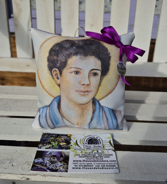Cuscino con lavanda, cuscino con Santo Carlo Acutis, articoli religiosi con Carlo Acutis, il cuscinetto è una riproduzione di un nostro dipinto esclusivo su stoffa, il cuscino misura 12,5x12,