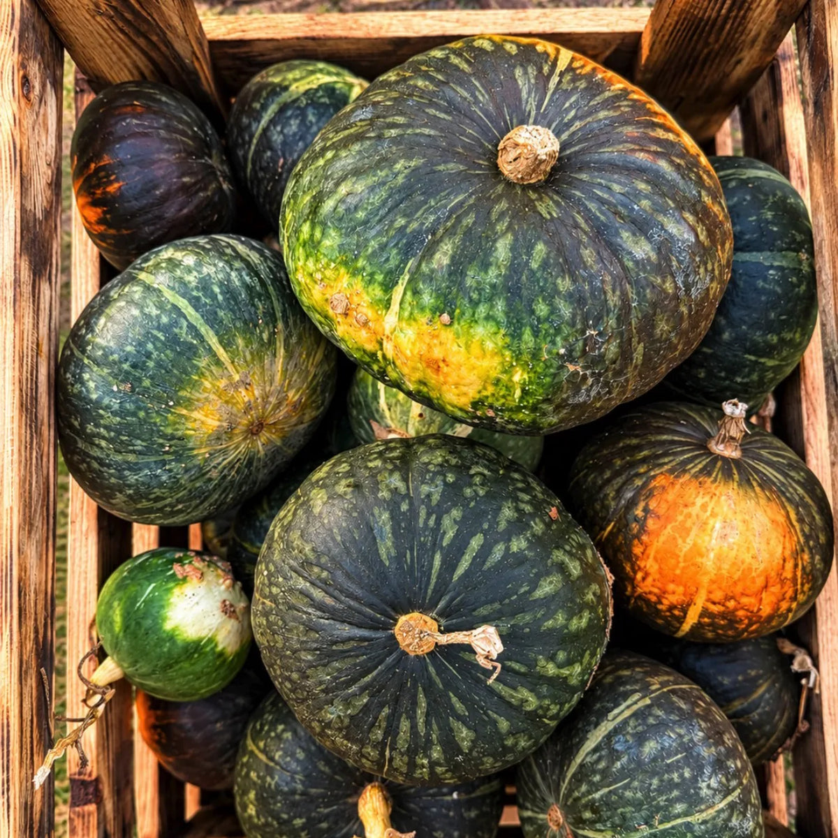 Zucca Delica alimentare con buccia verde scuro e forma rotonda schiacciata, zucca dolce in vendita al Lavandeto di Assisi.