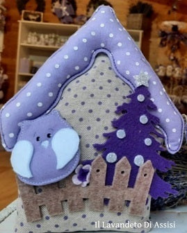 Christmas house with little owl and Christmas tree with lavender