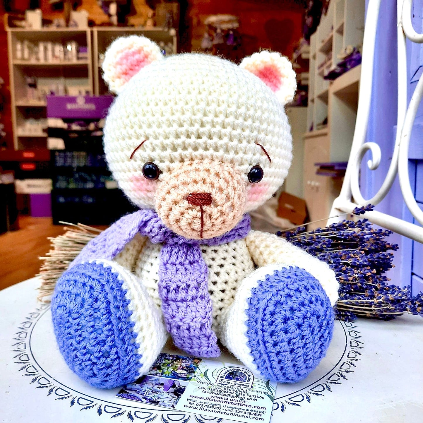 Teddy bear full of lavender with 5 sugared almonds and card